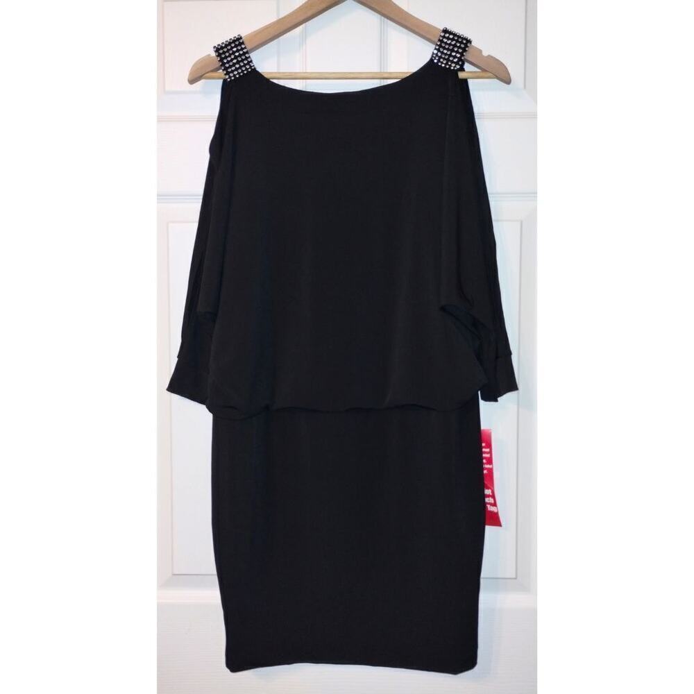 NWT EnFocus Studio Black Dress Rhinestone Cold-Shoulder Peek-a-Boo Sleeves -Sz 6